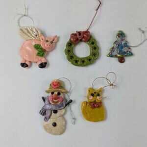 Lot 5 Christmas Ornaments Miniature Handmade Clay Cottage Rustic Arts & Crafts